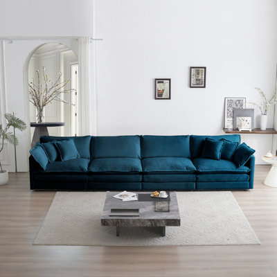 Comfy Sectional In Blue Chenille - 4 Seater With Base & Soft Sponge