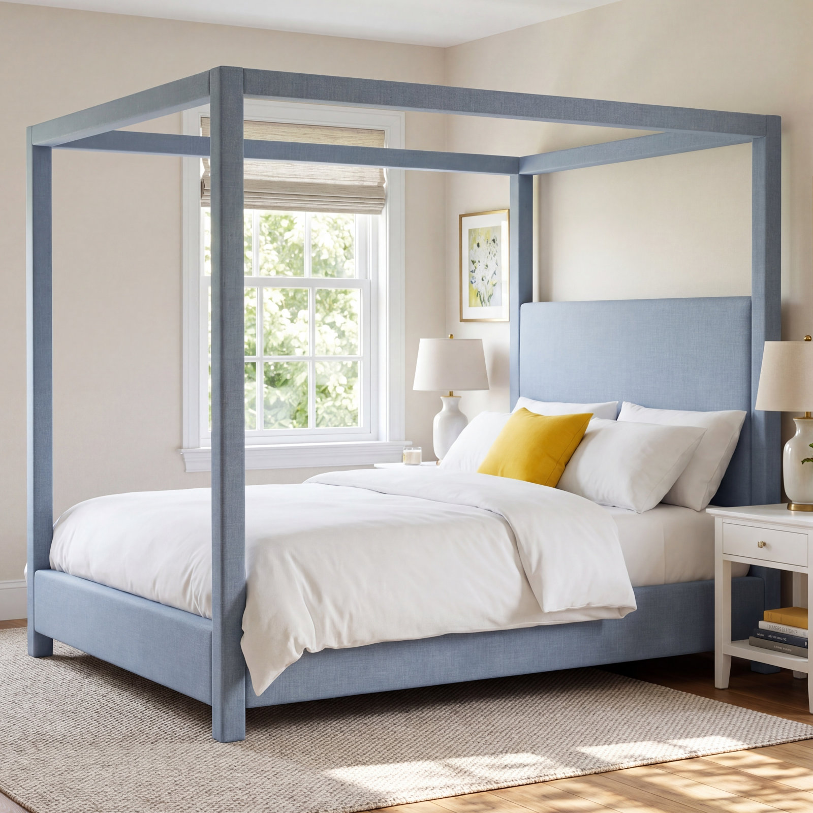 Mistaya Upholstered Canopy Bed, King, Sky Blue Linen
