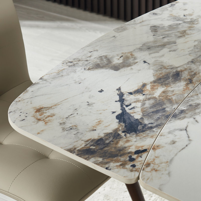 Table de salle à manger rétractable en pierre frittée avec base en bois massif
