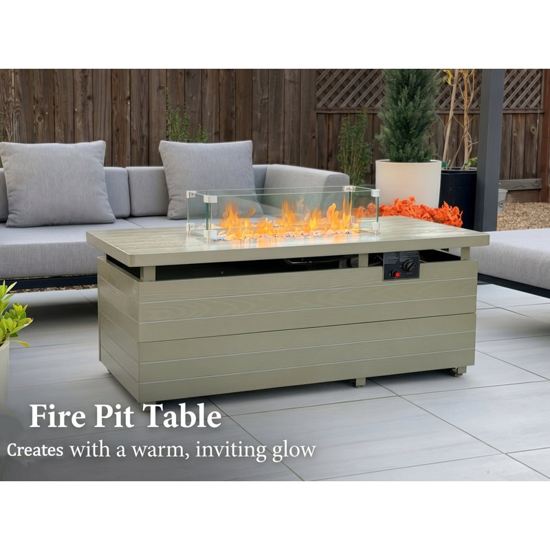 51"W X 21" H Metal Propane Outdoor Fire Pit Table with Cover, Champagne, Green