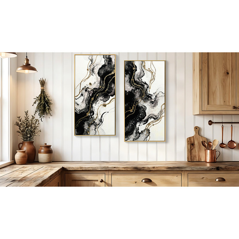 Art mural noir et blanc peint à la main, 20 x 40 po sur 2, artisanat exceptionnel or moderne