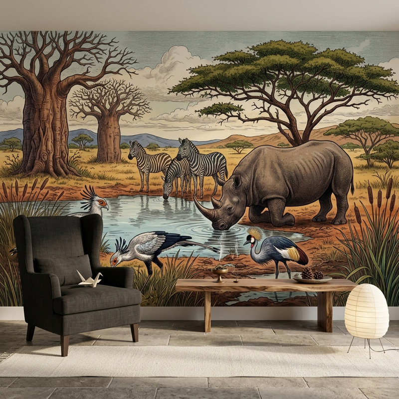 Adhésif mural Rhinocéros africain, 140 po x 108 po, Peler et coller