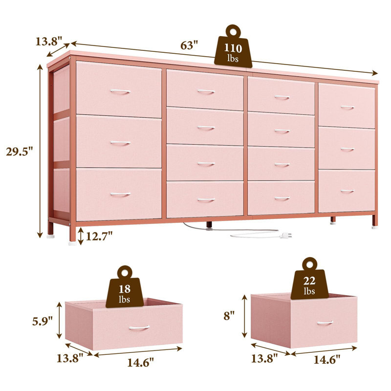 14 Drawer Dresser, 63 Inch Dresser TV Stand, Pink