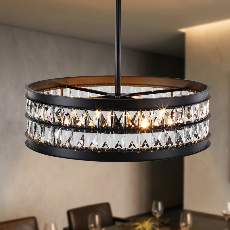 Modern 6-Light 19.69 inch Dimmable Drum Crystal Chandelier Contemporary Round Ceiling Fixture with Black Metal Frame