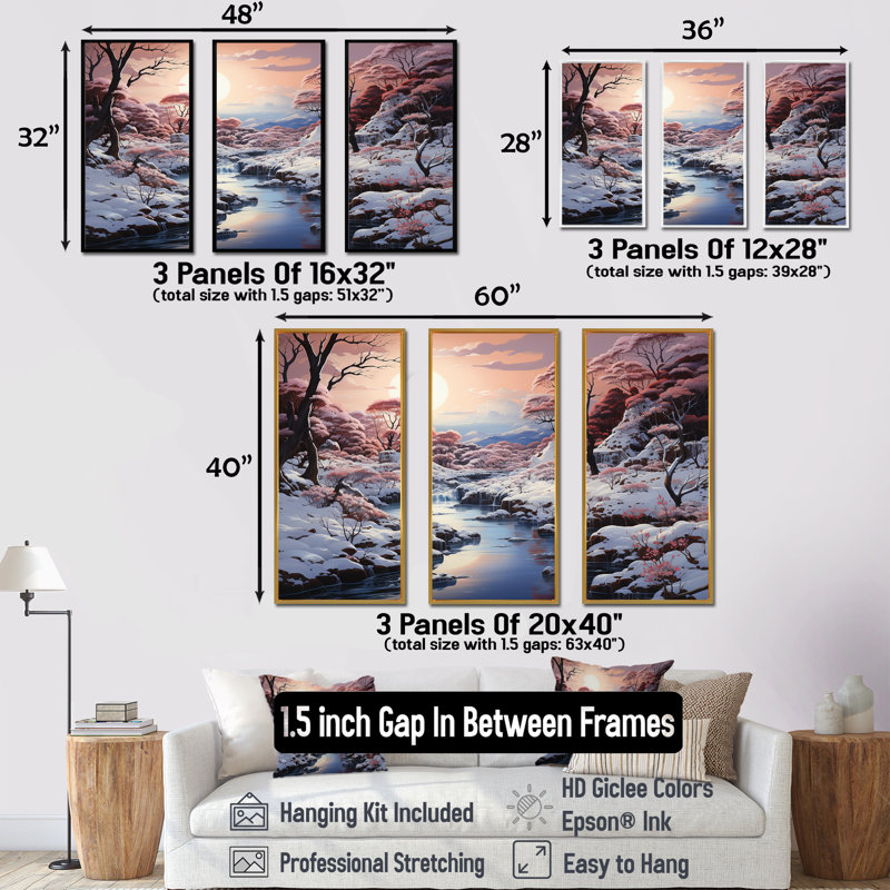 Ensemble de salon Kawaii Winter Landscape Sunrise - Snow Wall Art, Cadre flottant blanc, H 32 po x l 48 po x P 1 po