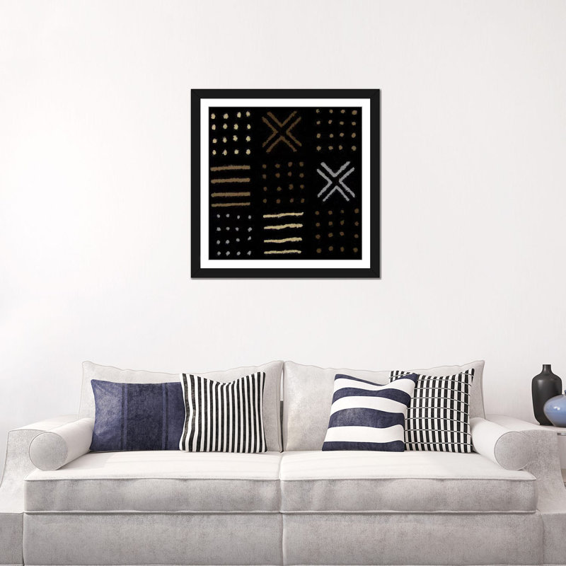 «Mudcloth Geometric Design II», impression sur toile, H 24 po x l 24 po x P 1 po, Papier d'art encadré noir, Blanc