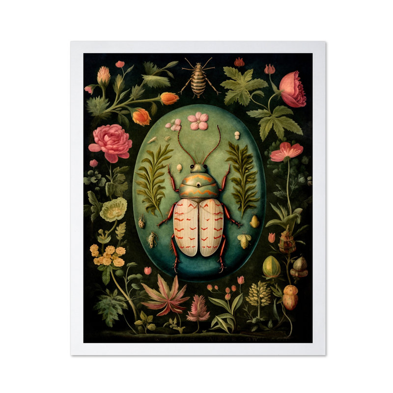 Fleurs et coléoptère No2, 16"H x 20"W, Poster, White Framed