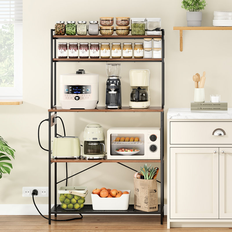 Support pour 5 boulangeries avec prises électriques, support pour micro-ondes 39 pouces et bar à café, rangement pour la cuisine, bois d'ingénierie en noyer, solide stabilité Organisation: support, tablette en bois