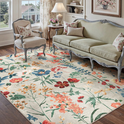 Tapis floral lavable à la machine avec envers antidérapant