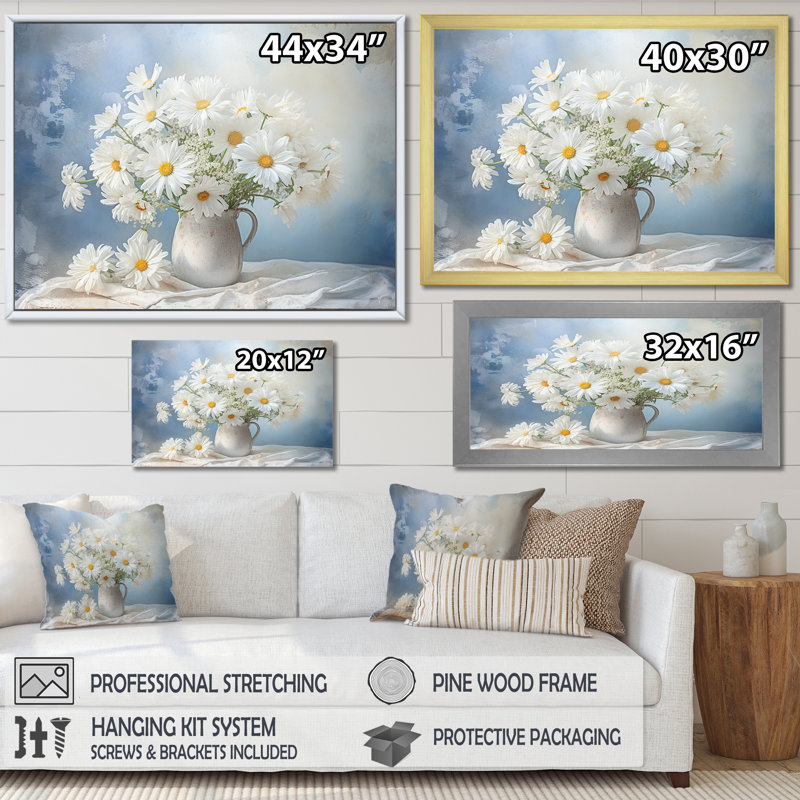 «White Daisy Efflorescence Bouquet Serenity III», reproduction sur toile, Cadre flottant noir, 30" H x 40" W