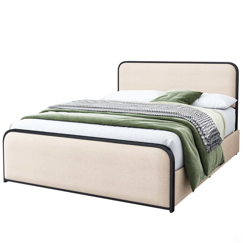 Structure de lit moderne en métal avec tête de lit et pied de lit rembourrés courbés avec 4 tiroirs de rangement, lattes métalliques robustes, grand