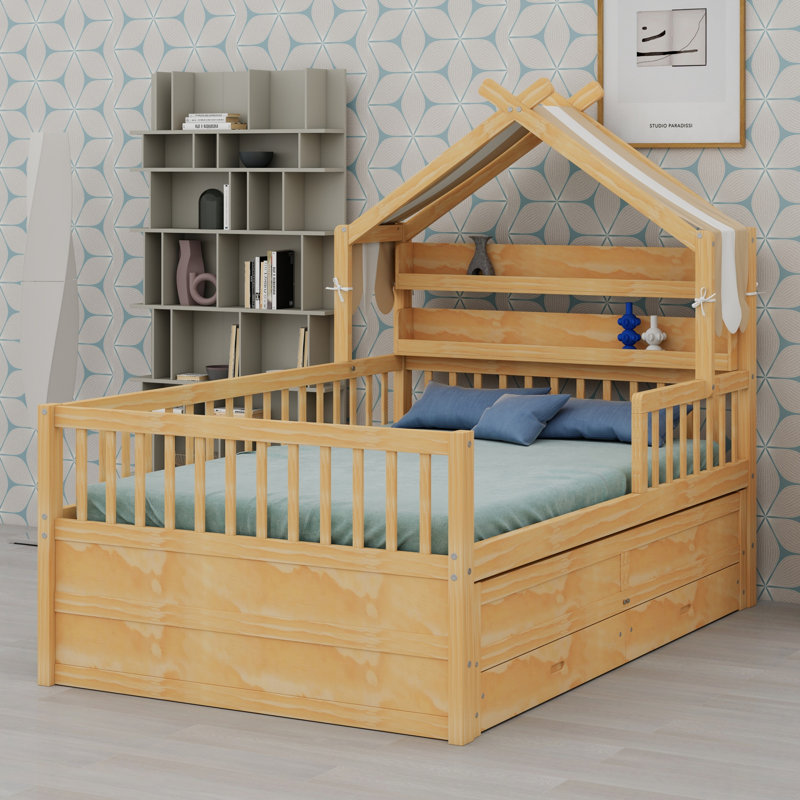 Lit Modern House avec couchette et éléments en tissu, Lit double, Naturel