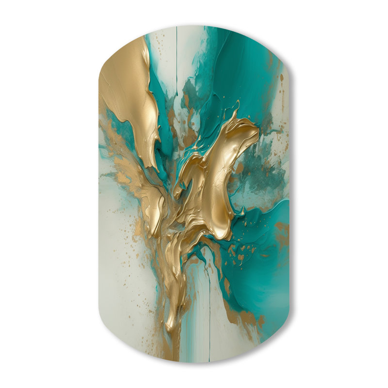 Gold And Turquoise Marble Fluid Ink II - Marble Asymmetrical Metal Wall Art, Gold Cylinder Metal Art Print