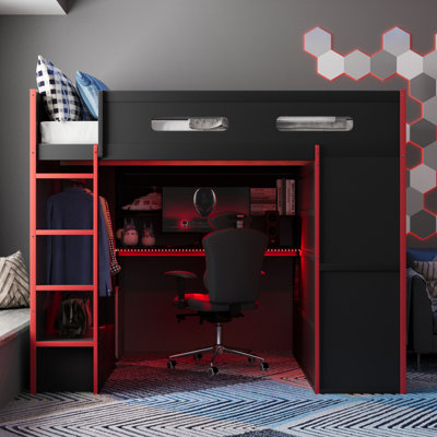 Lit mezzanine double en bois avec bureau