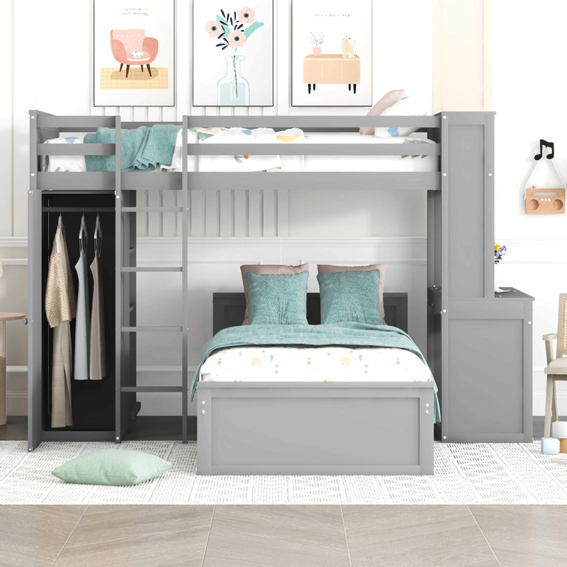 Loft Bed With A Stand-Alone Bed, Shelves,Desk,And Wardrobe