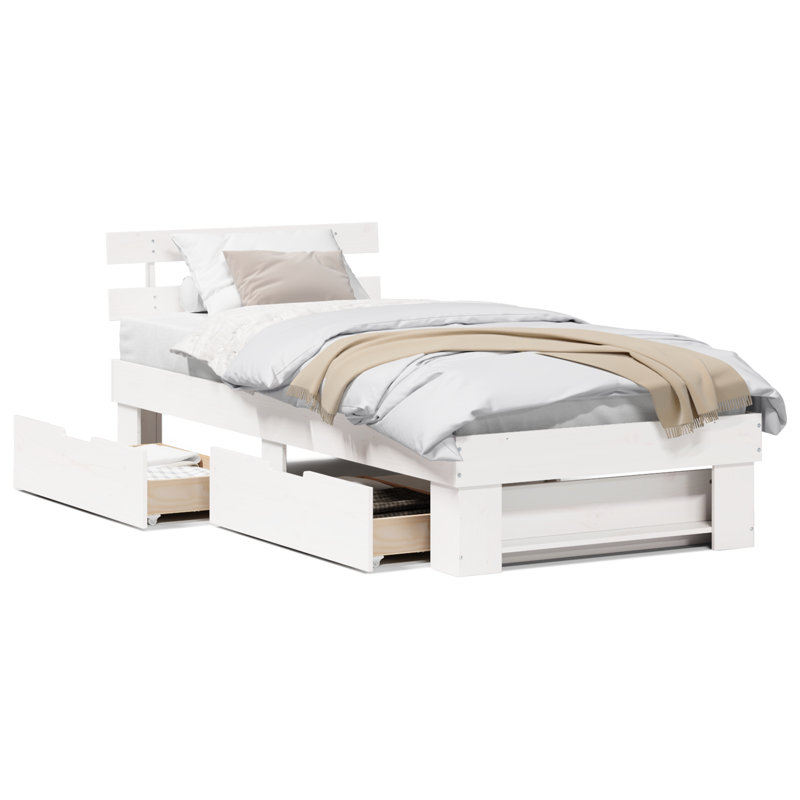  With Drawer With Headboard With Storage Solid Pine Wood, White, European Single (90 x 200 cm)