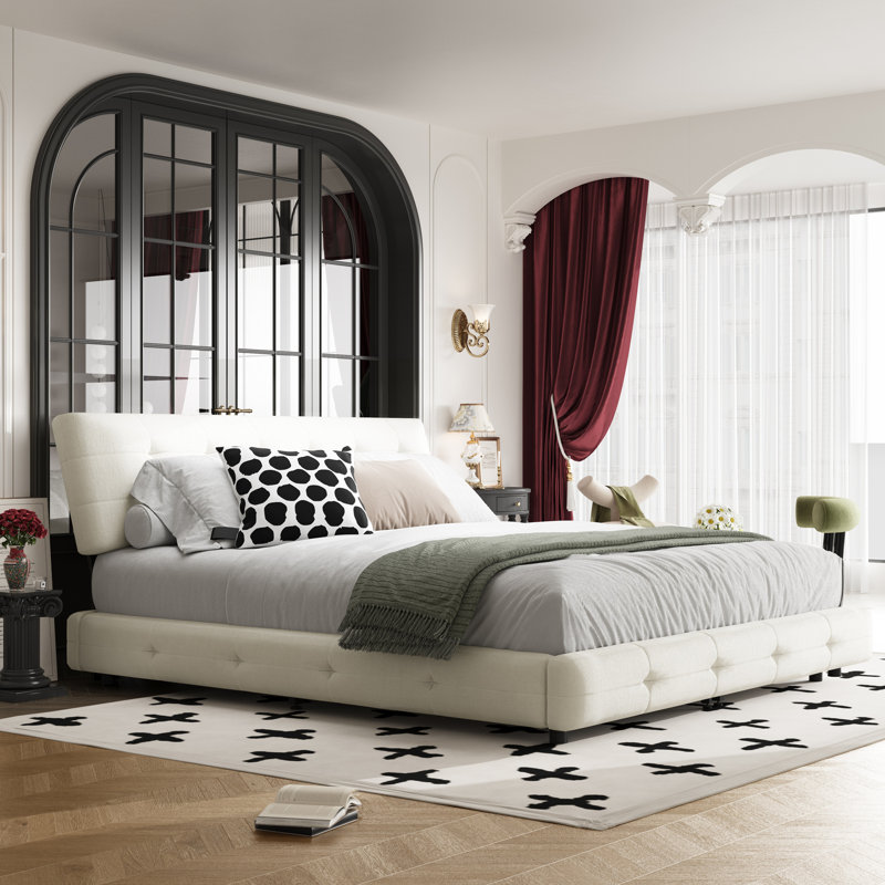 Lit plateforme en chenille avec support double en lattes de métal et de bois, Beige / Blanc, Très grand