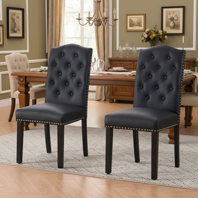 Classic Rivet Tufed Dining Chairs Set Of 2, Kitchen Seats Faux PU Leather Upholstered With Wood Legs