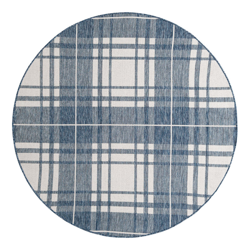 Tapis bleu / blanc en polypropylène tissé à la machine Tereon, Rond 6 pi 1 po