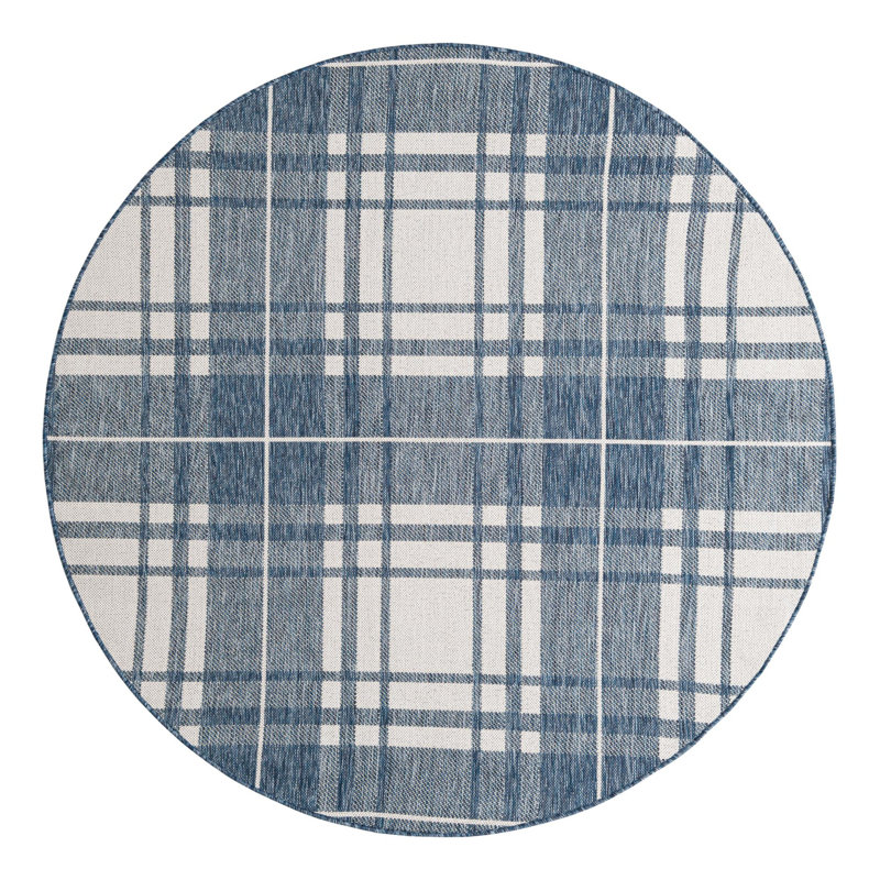Tereon Plaid Machine Made Power Loom Polypropylene Plastic Indoor/Outdoor Area Rug in Blue/White, Round 6'1"