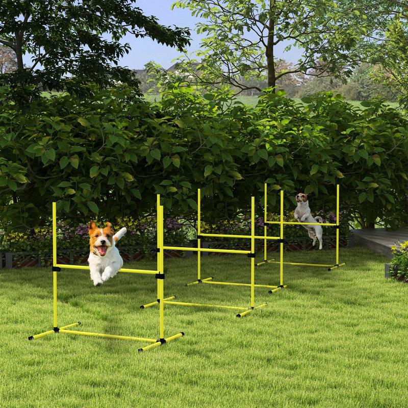 Équipement de dressage d'agilité pour chien jaune avec barres à sauter réglables de 4 pièces et sac de transport portable - 4 pochettes transportables