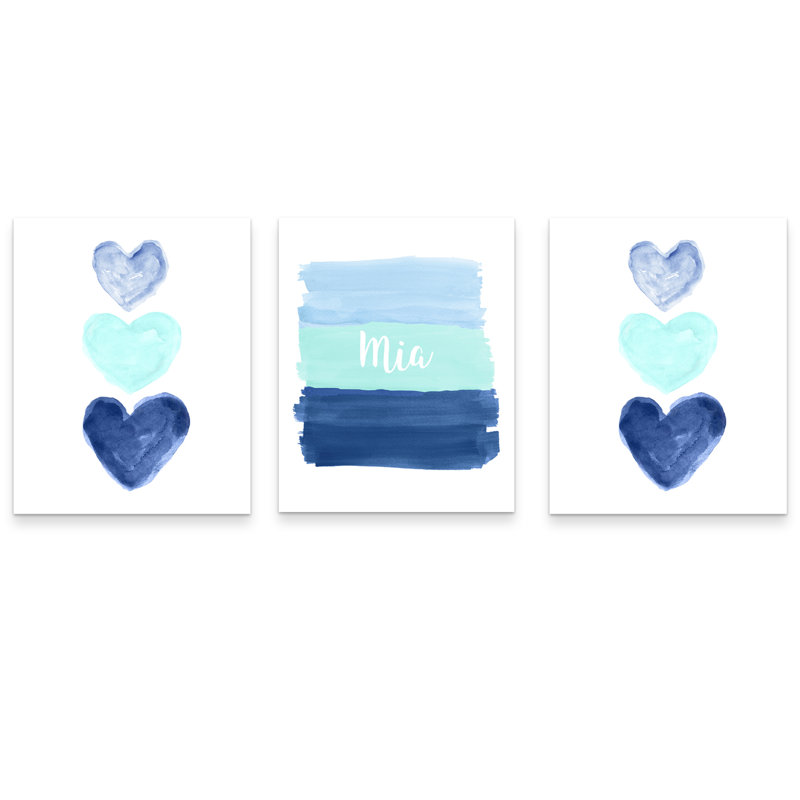 Bleu marine et écume de mer et cœurs, 3 impressions sur papier, H 14 po x l 11 po