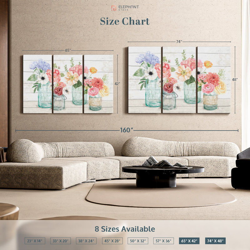 «Pastel Flower Market III», 3 pièces sur toile, H 48 po x l 74 po x P 1,25 po