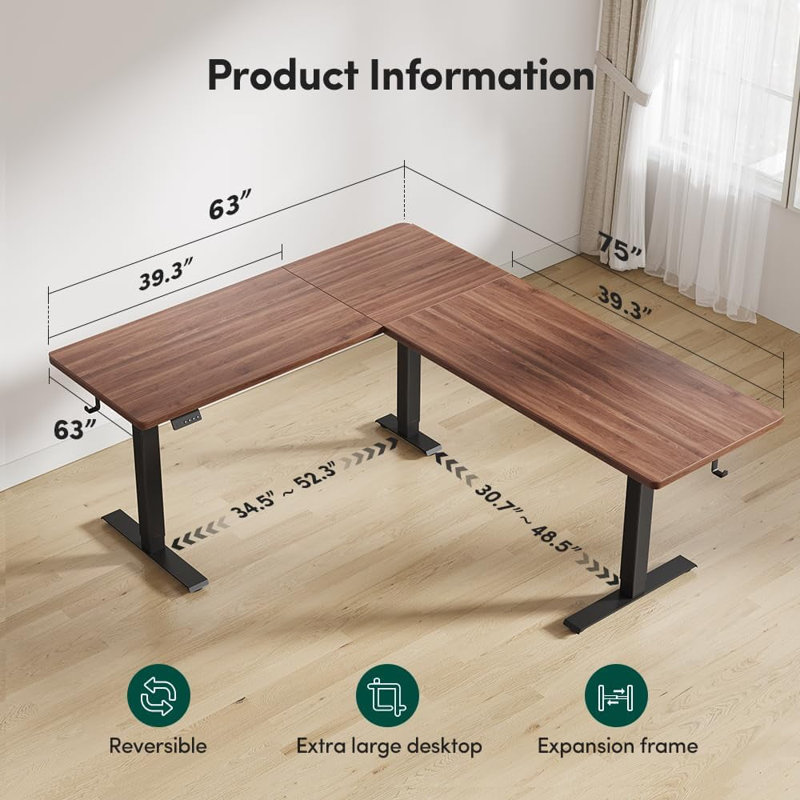 Bureau debout réglable en L 75 po, Noyer / noir, H 28,3 po x l 75 po x P 63 po