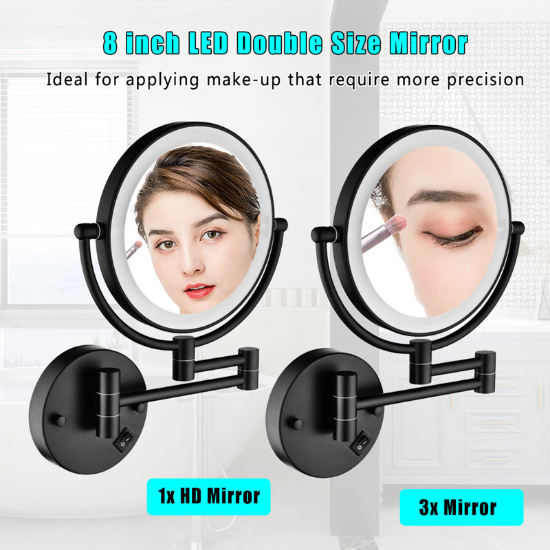 Miroir de coiffeuse à deux grossissements avec fixation murale à DEL 8 pouces - 12 rallonges, noir mat, grossissement 1 / 3X, rotation de 360 degrés, bouton de rasage étanche, rotatif,