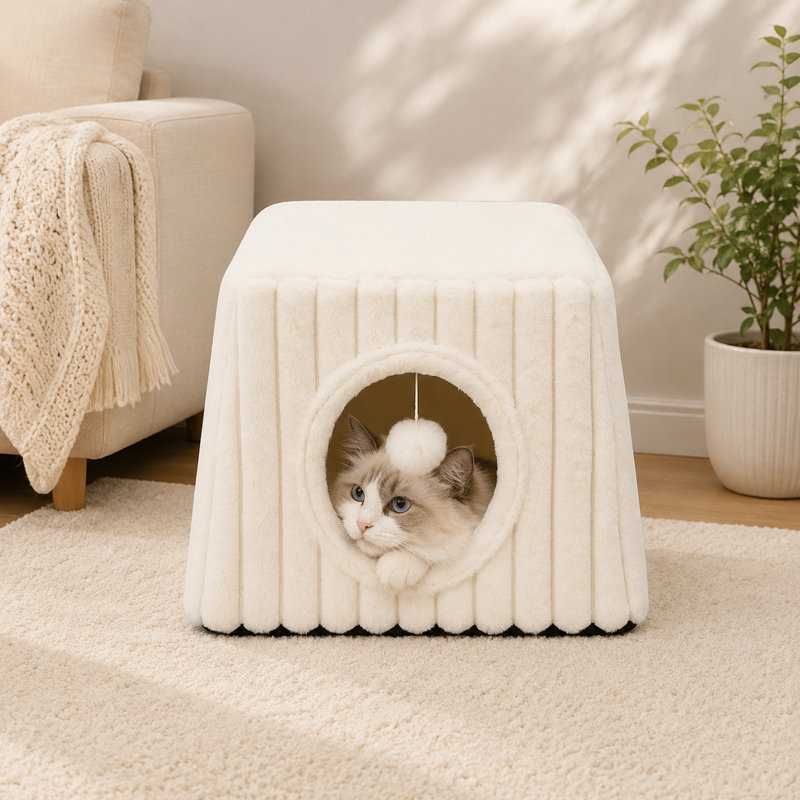 Maison de chat confortable semi-fermée avec coussin lavable, lit de chat intérieur chaud pour les petits animaux de compagnie