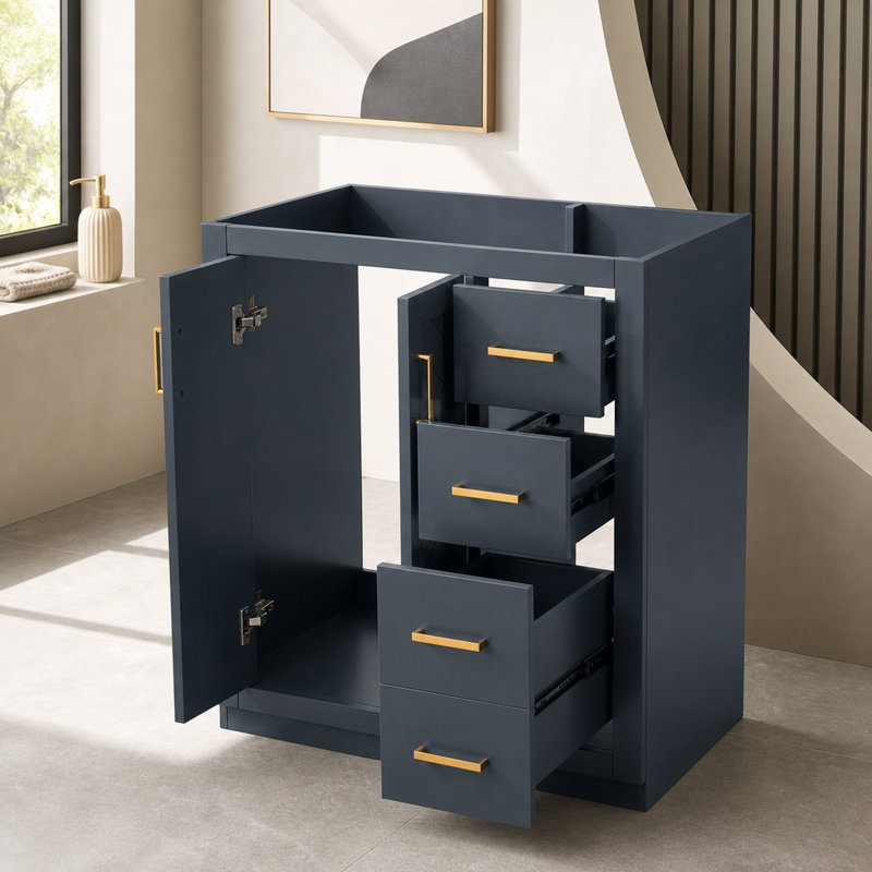 Ensemble coiffeuse autoportante de 75,3 cm (29,65 pouces) avec cadre en bois massif, 3 tiroirs et portes à fermeture en douceur