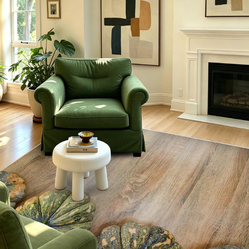 Tapis d'intérieur en bois jaune lavable à la machine, motif citrouille verte thaïlandaise., Rectangle 55 po x 79 po