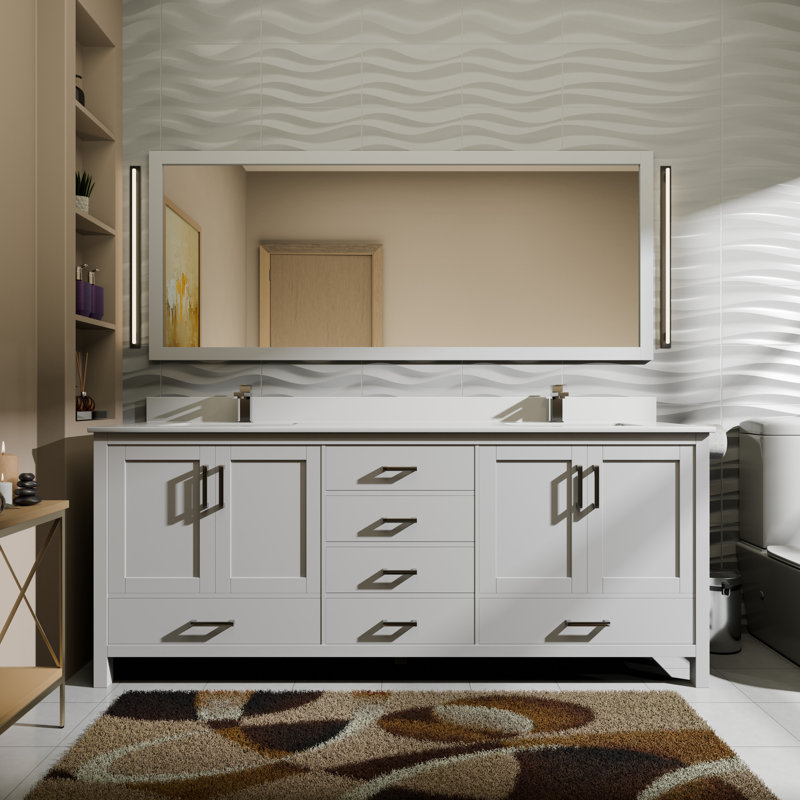 Meuble-lavabo double l 72 po x P 22 po et miroir 70 po Jacques, Blanc, Quartz blanc