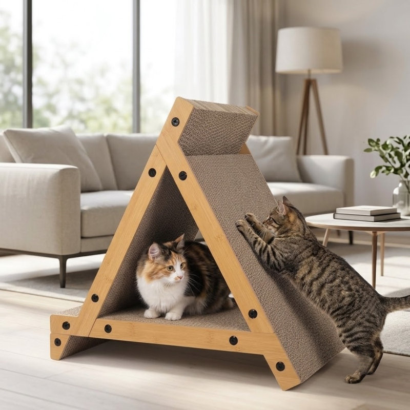 Lokey en bois naturel avec surface en carton ondulé, planche à griffer triangulaire pliable pour chats d'intérieur
