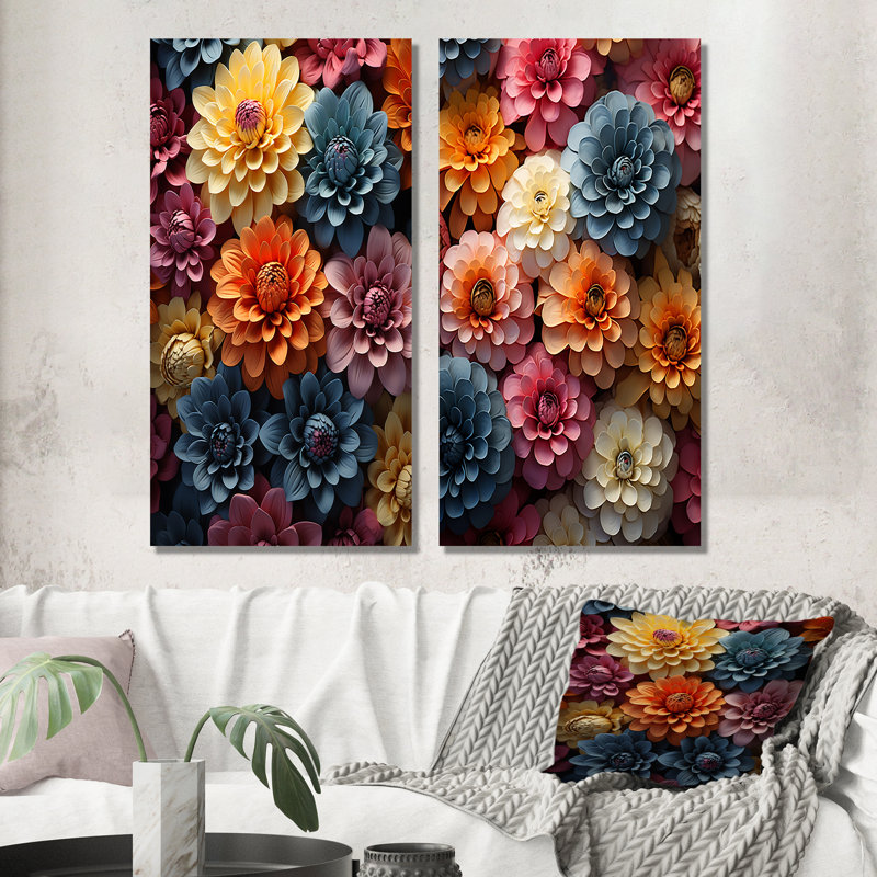 Multicolore Zinnias Mixed Collage - ensemble d'art mural sur toile Zinnias, H 28 po x l 25 po, Toile tendue