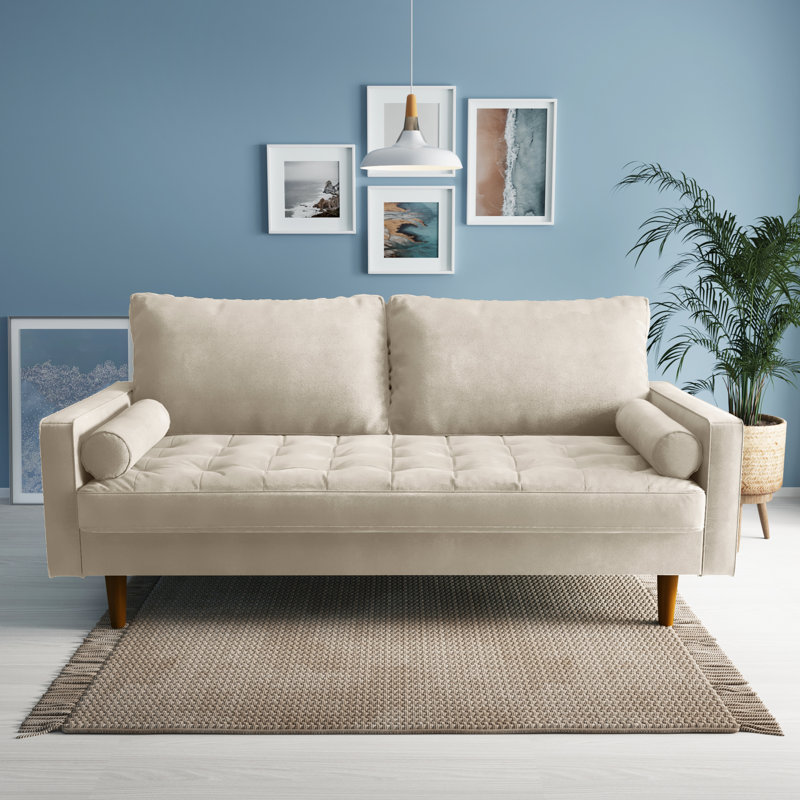 Sellner 70" Velvet Square Arm Tufted Seat Sofa, Beige Velvet
