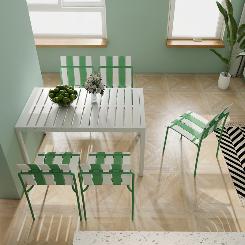 Alen Outdoor Striped Color Block Dining Chairs with PP Seats, White/Green