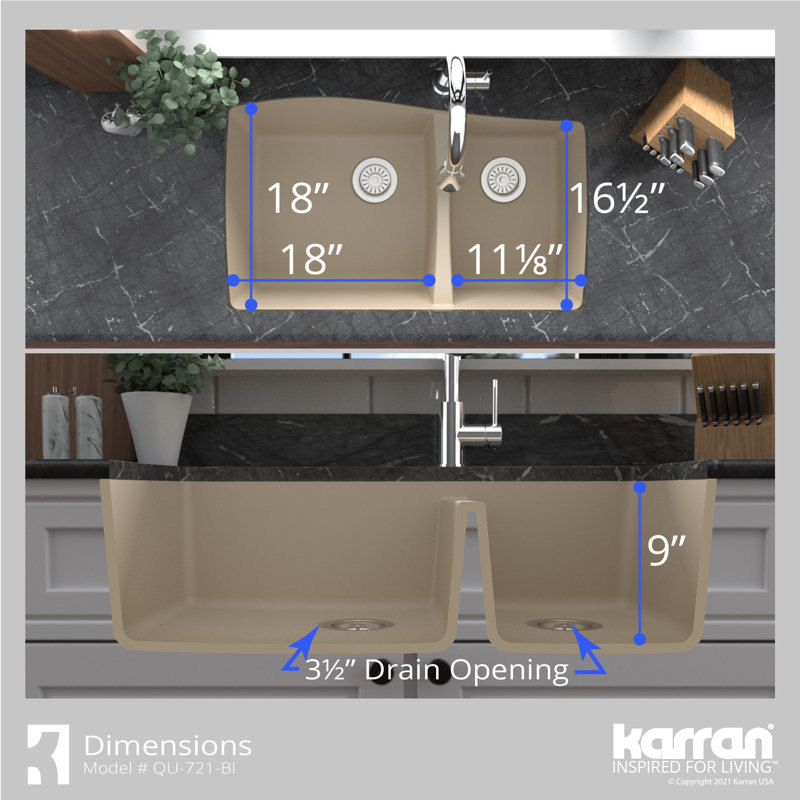Karran Undermount Quartz Composite 33-1/2'' X 20-3/8'' 60/40 Double Bowl Kitchen Sink, Bisque