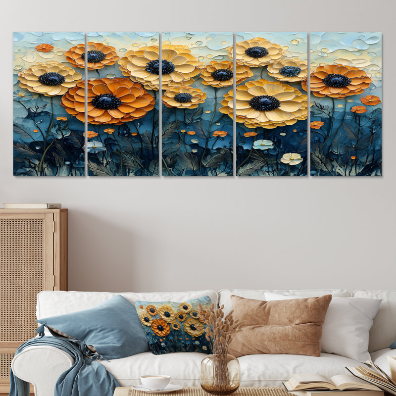 Motif géométrique de souci champêtre I - souci Marigold - art mural traditionnel, H 28 po x l 60 po