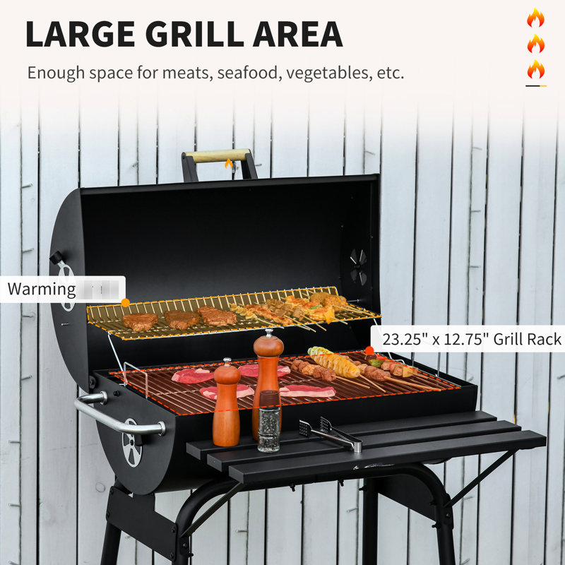 Fumoir au charbon de bois 30 po - Barbecue portatif en acier avec espace de rangement et roues pour barbecue noir, utilisation sur une tablette extérieure