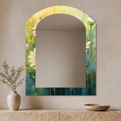 Miroir décoratif botanique arqué - Summer Daisy Glow, impression sur métal