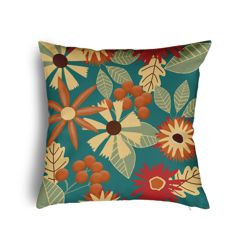 Fall Floral Accent Pillow with Insert, 16"H x 16"W, Teal