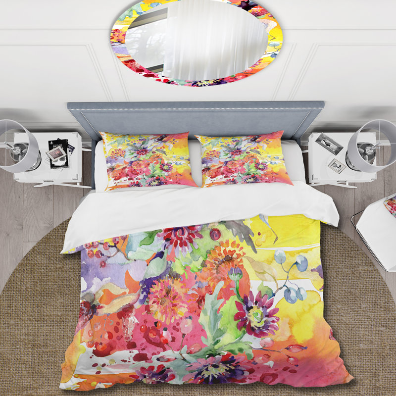 Vibrant Wild Spring Leaves and Wildflowers - Ensemble de housse de couette moderne - Microfibre de polyester