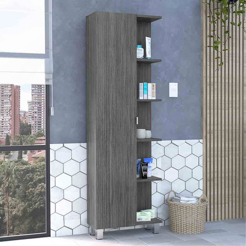 Armoire à linge miroir Urano, quatre tablettes intérieures, cinq tablettes extérieures, Gris
