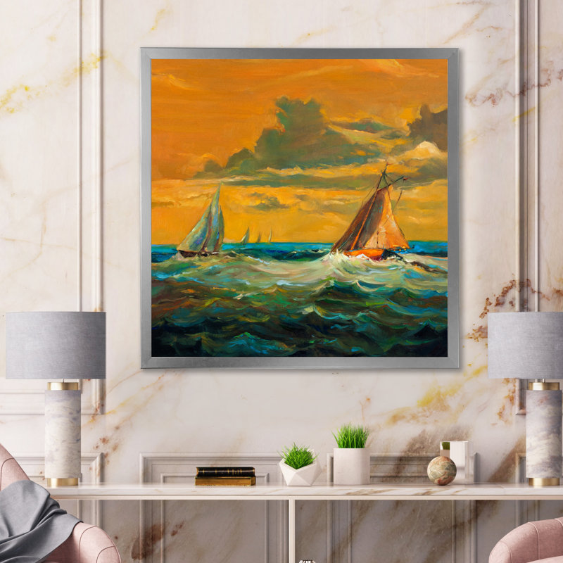 Paysage de voiliers jaunes et verts - Décoration murale en toile nautique et côtière, H 36 po x l 36 po x P 1,5 po