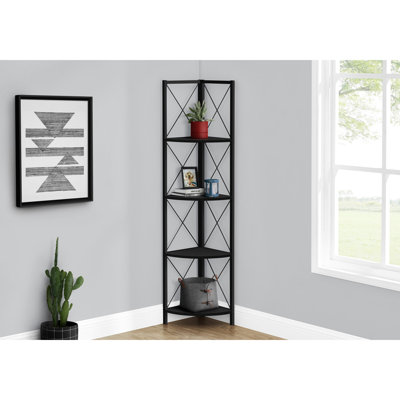 Contemporary 4 Tier Bookcase, Black Metal For Bedroom & Office, Corner Shelf With Space Fan-Shaped Feature And Enchanting Appeal Office Corner, Modern