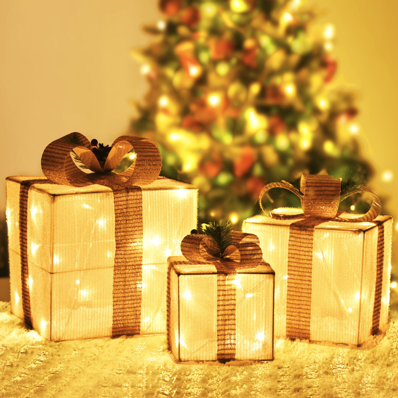  Set of 3 Christmas Lighted Gift Boxes, 60 LED Light up Present Boxes, 8 Modes Christmas Parcels Lights with Bow for Party, Home, Tree Decoration