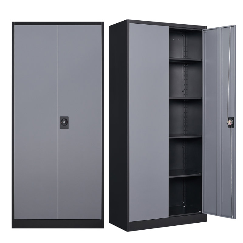 Grande armoire de rangement en acier de 35,43 pouces avec 2 portes et 5 tablettes ajustables, Noir / gris