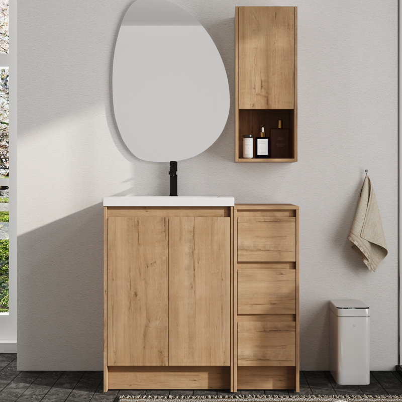 Meuble-lavabo sur pied simple 36 po avec plateau en résine et rangement mural pour salle de bain 12 po Vowar