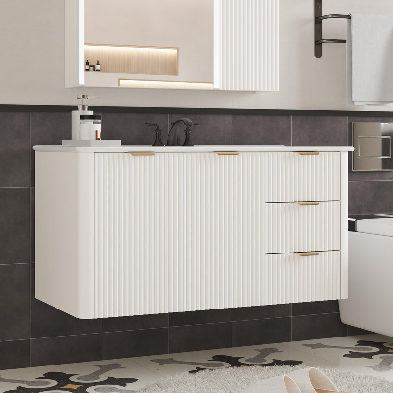 Meuble-lavabo flottant avec lavabo et armoire à pharmacie avec lumière DEL, Blanc, 36"